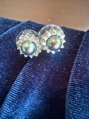 Macy's Iridescent Black Tahitian Pearl and Crystal Halo Stud Earrings